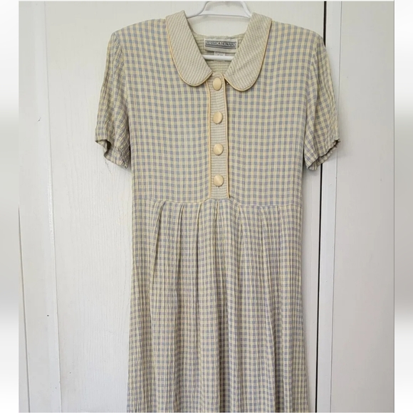 Jessica Howard 10 Vtg 80s Tea Dress Back Bow Yellow Blue Cottagecore Checked - Picture 1 of 11